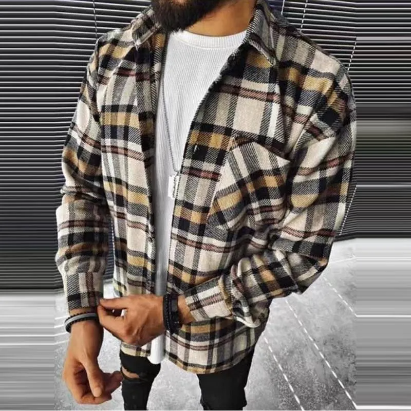 Men Plus Size Casual Long Sleeve Lapel Plaid Printed Color Blocking Single-Breasted Woolen Shirt