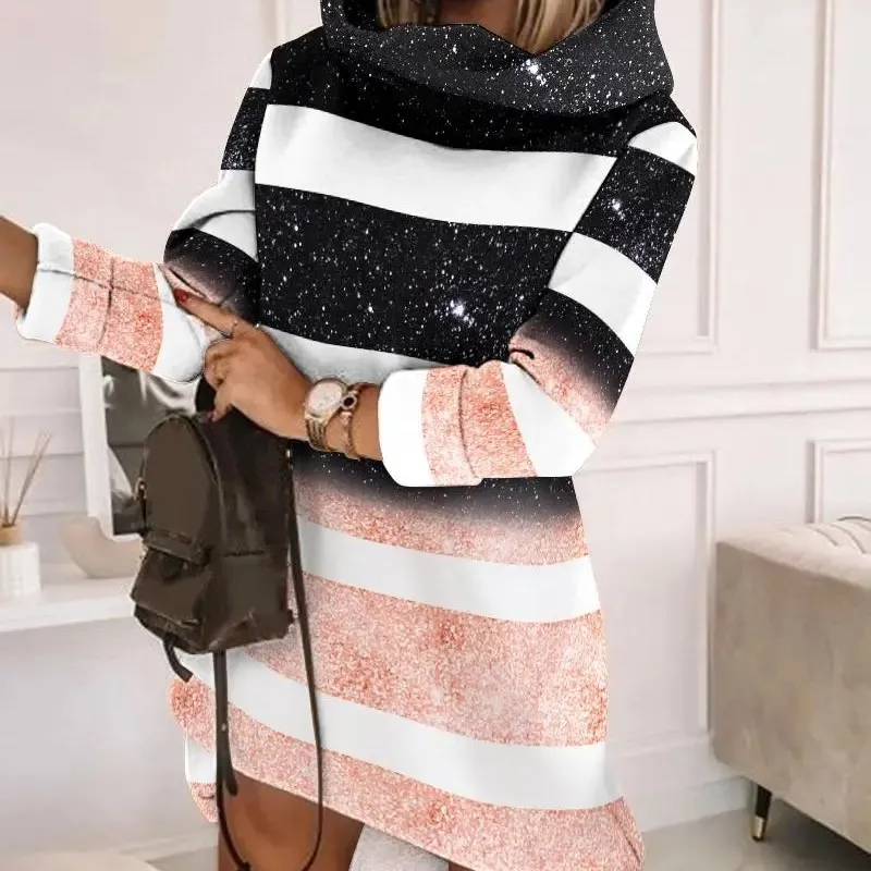 Autumn Winter Women Fashionable Loose Thickened Geometric Leopard Printed Long Sleeve Hooded Sweat Dress