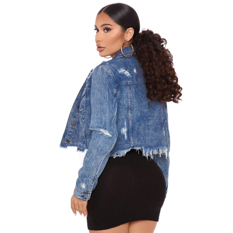 Women Personality Ripped Tassel Short Retro Long Sleeve Denim Jacket