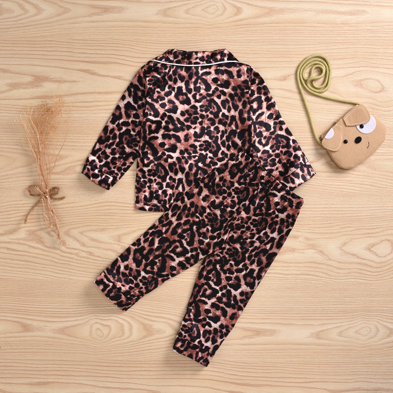 Children Kids Toddlers Girls Leopard Print V-Neck Long-Sleeved Tops And Pants 2pcs Pajamas Set