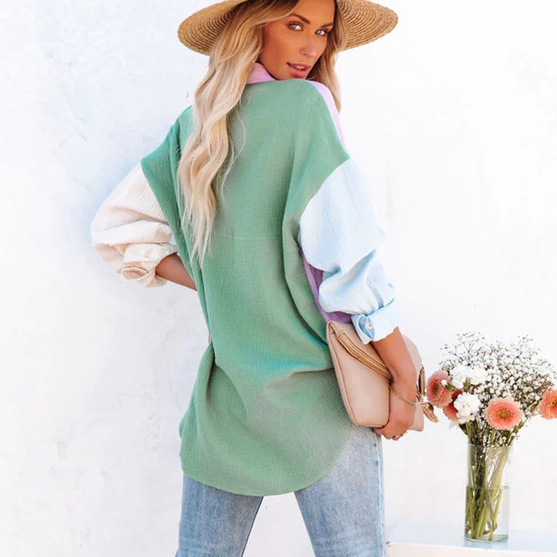 Women Fashion Summer Blocking Color Loose Long Sleeve Shirt Blouse