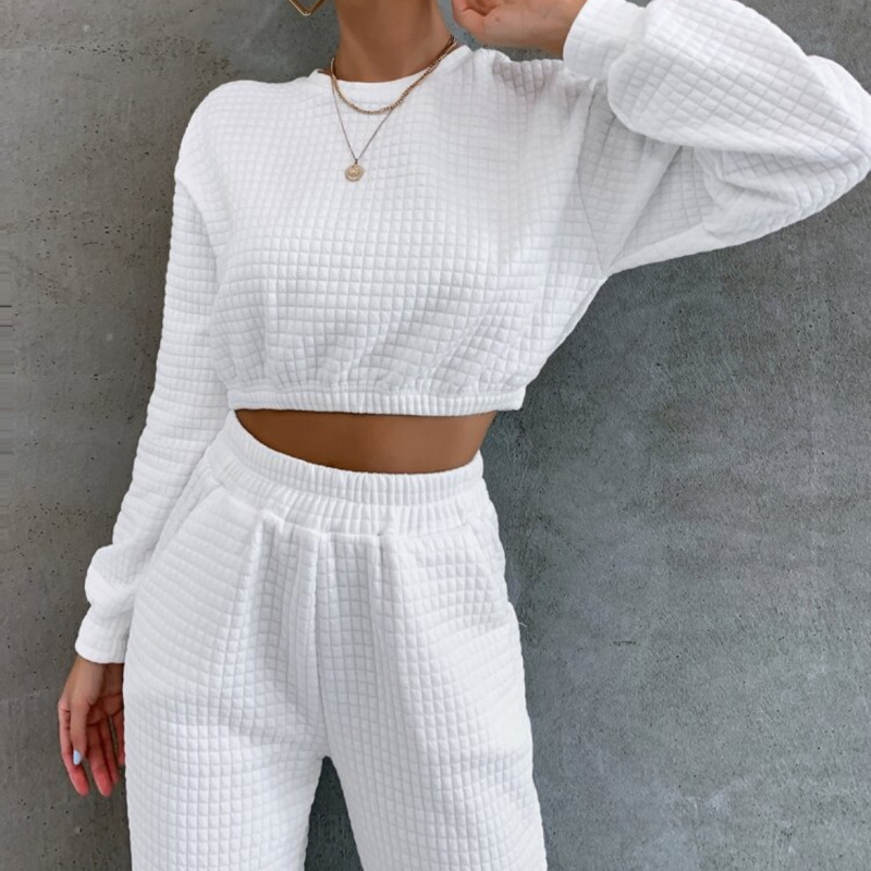 Athleisure Women Solid Color Round Neck Long Sleeve Short Sweatershirt And Pencil Pants Fashion Casual Two Pieces Set