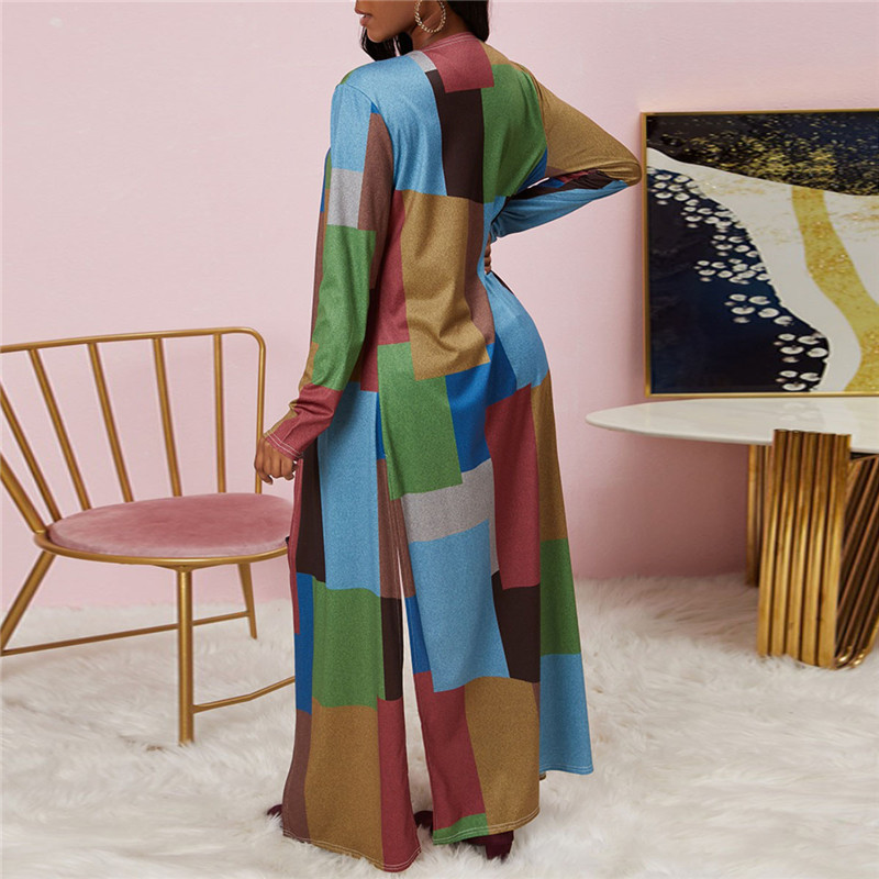 Women Fashion Contrast Color Plaid Print Long Sleeve Cardigan Coat