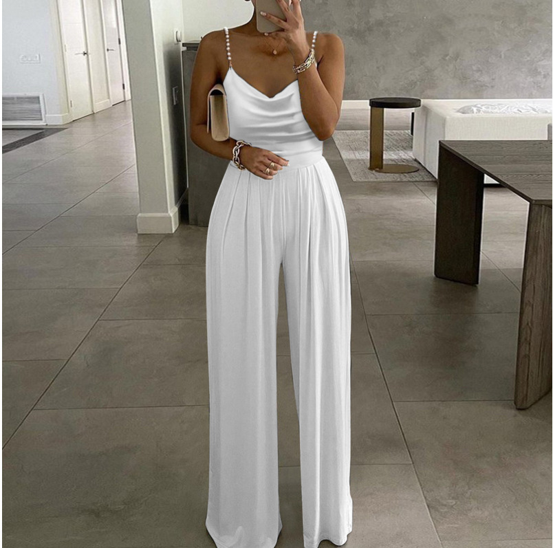 Women Print Sleeveless Top Pearl Sling Wide Leg Jumpsuit