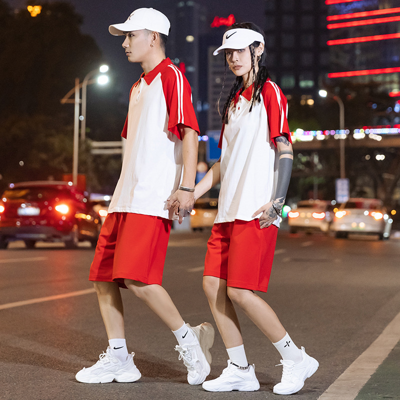 Unisex Fashion Lapel Color Matching Short-Sleeved Polo Shirt And Sports Shorts Two-Piece Set