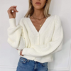 Women Casual V-Neck Buttoned Lantern Sleeve Sweater