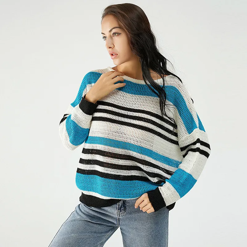 Women Casual Loose Stripe Long Sleeve Knitted Sweater