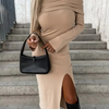 Women Fashion Solid Color Off Shoulder Long Sleeve Split Dress