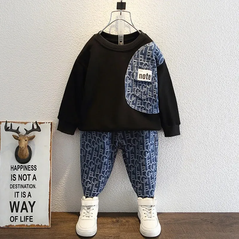 Kids Toddler Boys Spring Autumn Fashion Casual Letters Print Long Sleeve Round Neck Sweatshirts Trousers Set