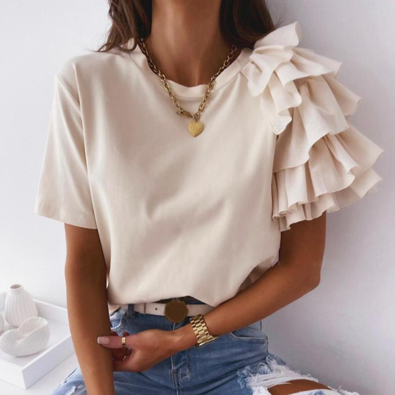 Women Elegant Solid Color Ruffled Short Sleeves Round Neck Loose Summer Blouse