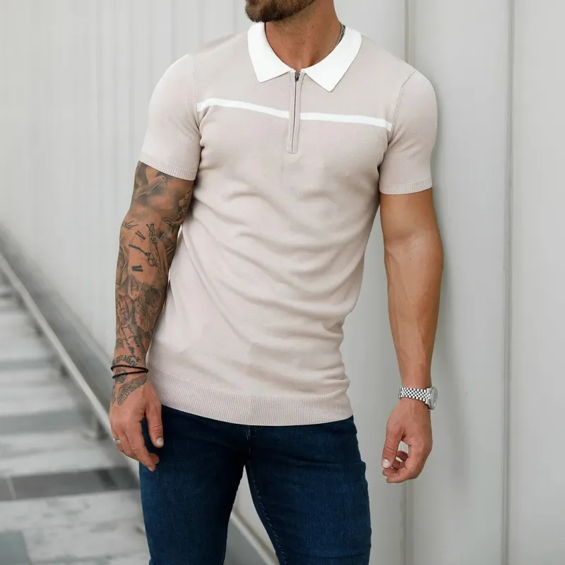 Men'S Casual Lapel Zipper Short-Sleeved Knitted Polo Shirt