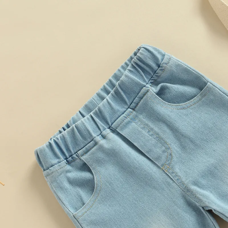 Children Kids Baby Fashion Girls Embroidered Denim Flared Pants