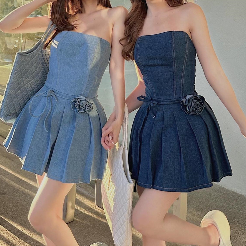 Women'S Fashion Sexy Boat Neck Tube Denim Pleated Skirt