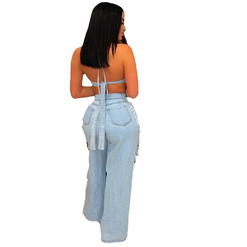 Women Denim Crop Bra Top And Ripped Fringe Trousers Two-Piece Set