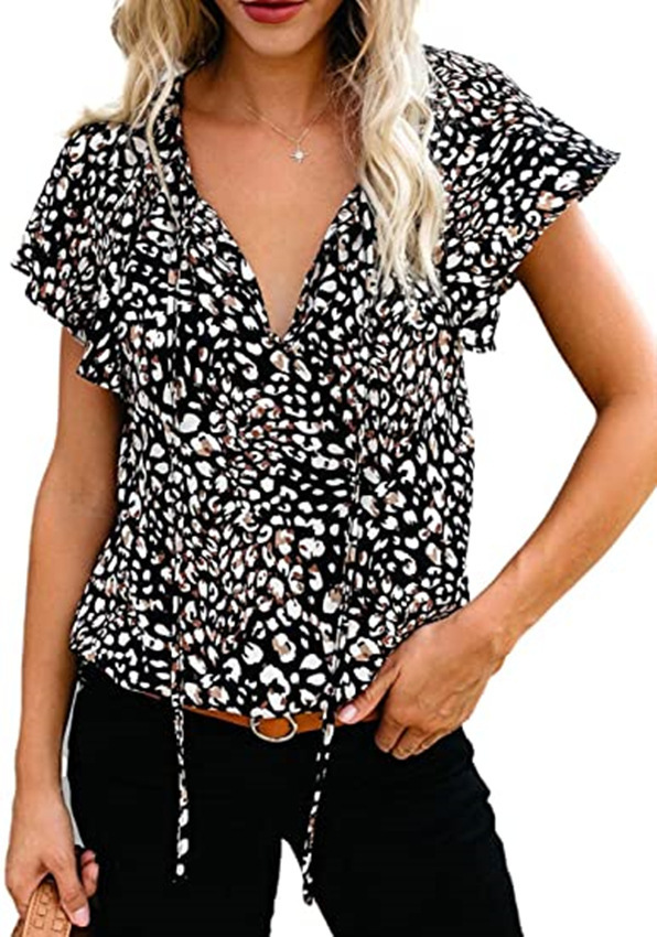 Women Fashion Summer Casual Floral Print V-Neck Short-Sleeved Blouse