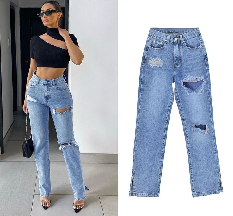 Women Fashion Street Style Cut Out Ripped Slit Hem Jeans