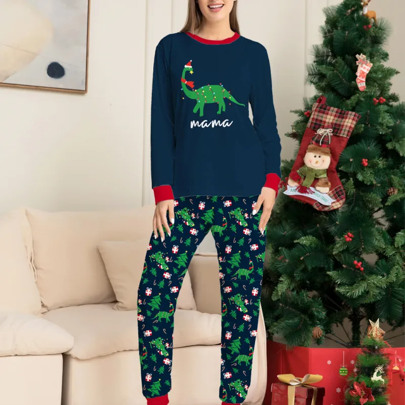 Christmas Cartoon Fashion Dinosaur Letter Printing Round Neck Long Sleeve Home Parent-Child Pajamas Set