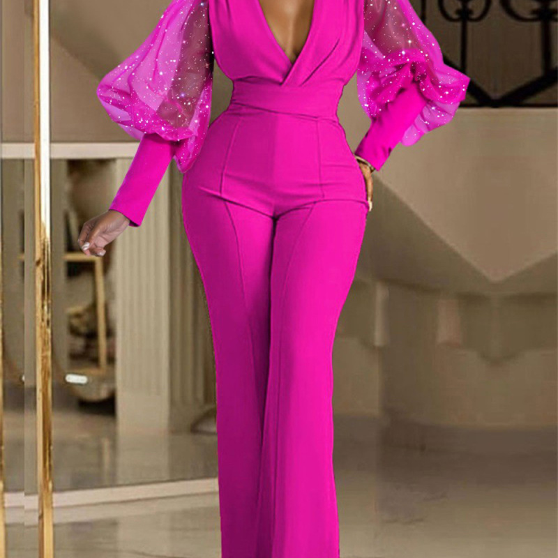 Women Solid V-Neck Mesh Panel Long Sleeve Neck Waist Casual Jumpsuit