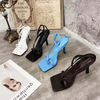 Women Fashion Sexy PU Solid Color Square Toe Stiletto Heel Ankle Strap Buckle Thong Sandals