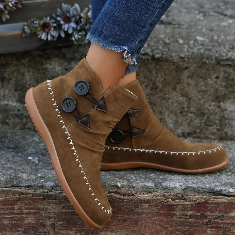 Women Fashion Plus Size Button Decorative Round Toe Flat Short Boots