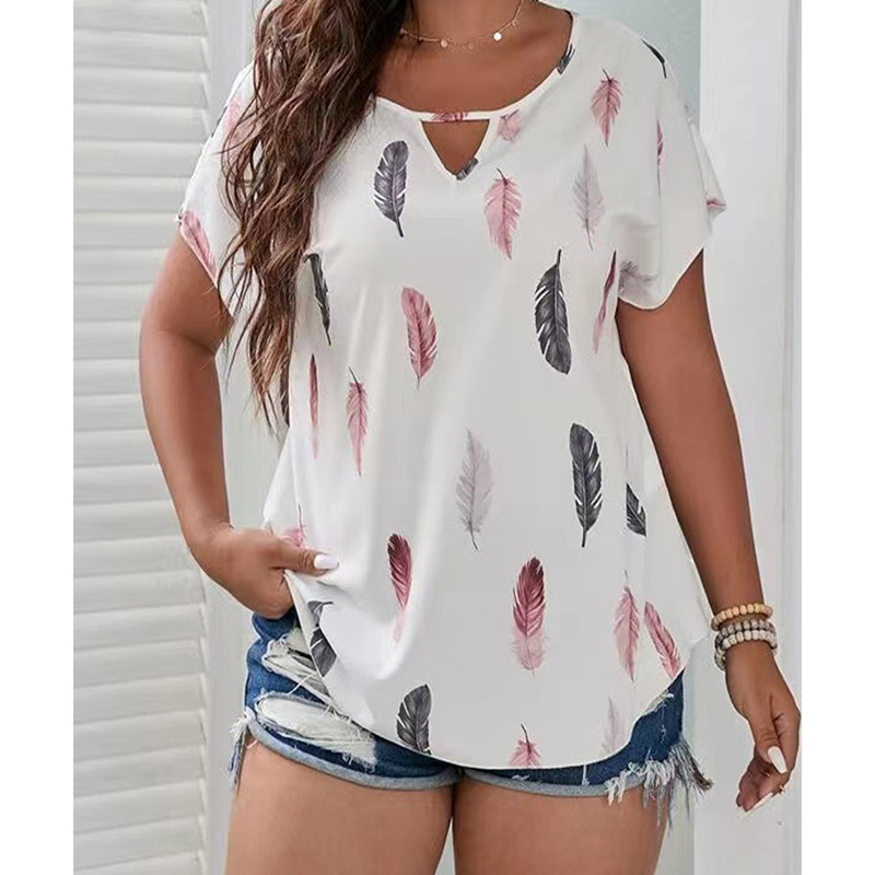 Fashion Casual Summer Vacation Plus Size Women V-Neck Feather Print Short-Sleeved Casual Blouse