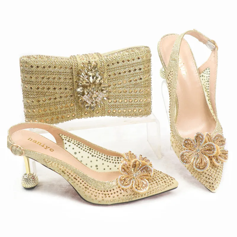 Women Fashion Pointed Toe Combination Diamond Flower Accessories Pointed Toe Mary Jane Shoes With Diamond Buckle Shaped Bag