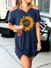 Women Fashion Summer Vacation Casual Sunflower Printing Cool-Shoulder Dress