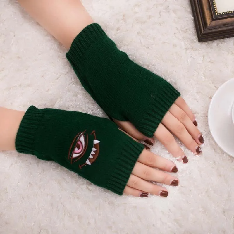 (Buy 1 Get 2) Autumn Winter Women Fashion Devil Eye Embroidered Warm Knitted Half Finger Gloves