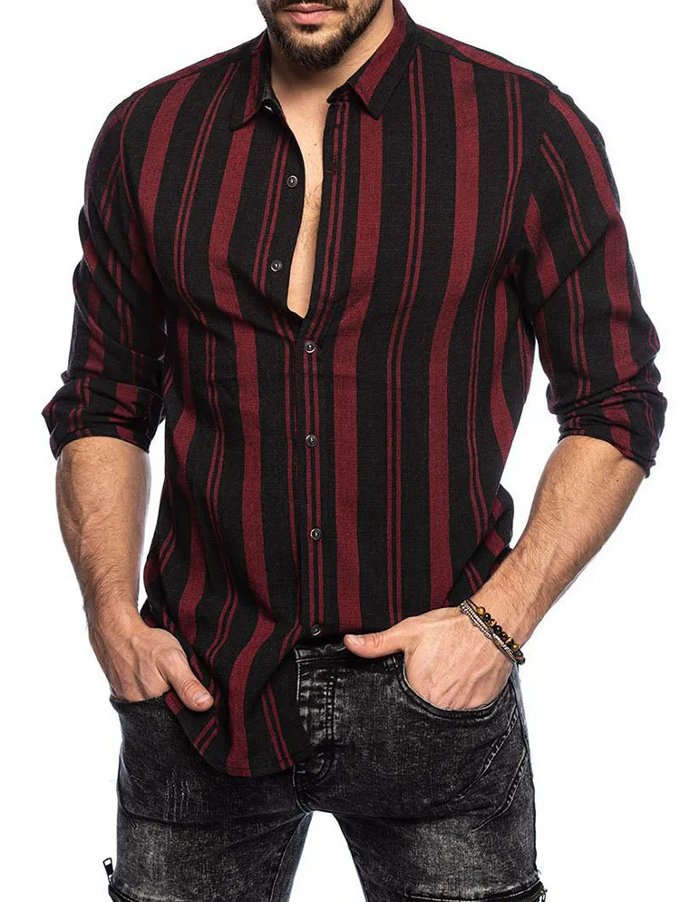 Men Fashion Stripe Print Long Sleeve Lapel Shirt