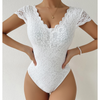 Women Summer Solid Color Sexy Lace See-Through Deep V Open Back Bodysuit