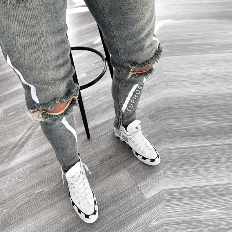 Men Summer Fashion Casual Solid Color Letter Jogger Ripped Jeans