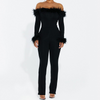 Women Solid Color Feather Long Sleeve One-Word Neck Slim Waist Fashion Jumpsuit