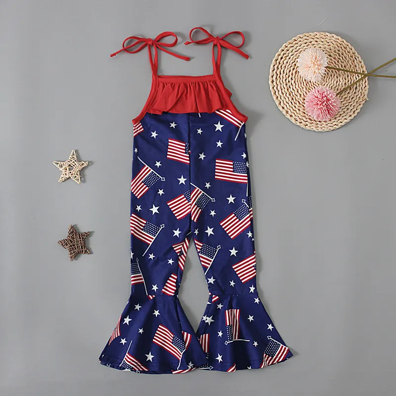 Toddlers Newborn Baby Fashion Girls Casual Basics Sleeveless Independence Day Star Flag Print Jumpsuit