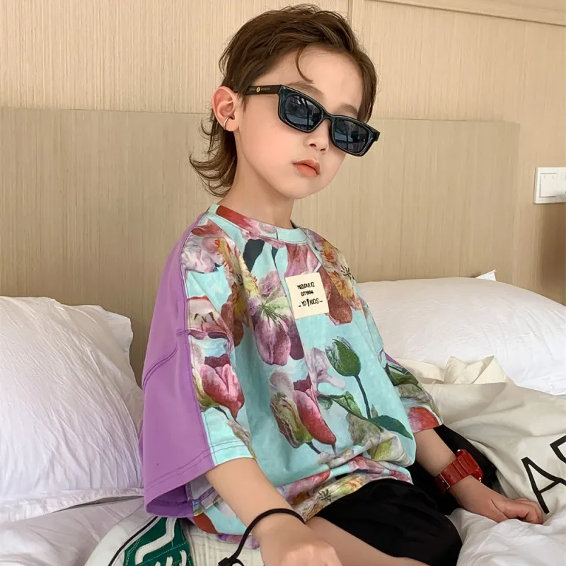 Children Kids Baby Fashion Boys Girls Short Sleeve Floral Print Patchwork T-Shirt