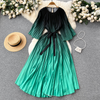 Women Casual Elegant Retro Loose Round Neck Cropped Sleeve Creased Lace-Up Gradient Color Pleated Dress