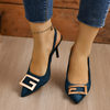 Women Fashion Casual Plus Size Solid Color Pointed Toe Metal Buckle Sling Back High Heel Sandals