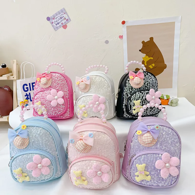 (Buy 1 Get 2) Kids Girls Fashion Cute Casual Sequins Carto Bear Flower Pearl Zipper School Backpack Bag