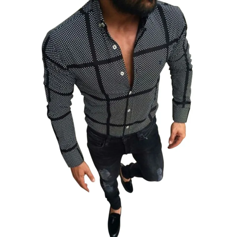 Men Casual Long Sleeve Lapel Single-Breasted Plaid Printed Shirt