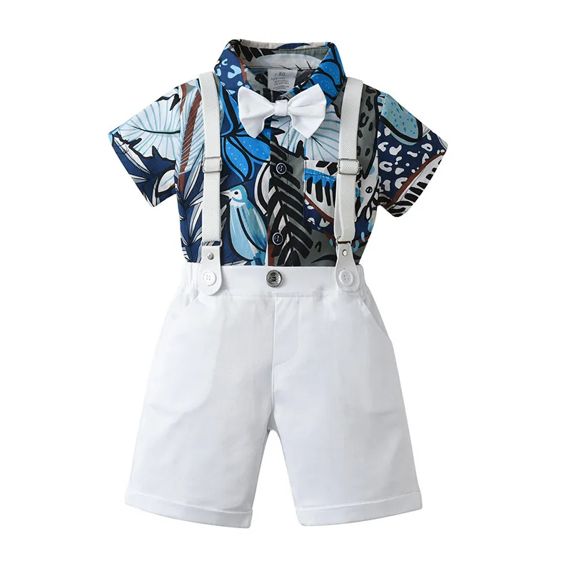 Kids Toddler Boys Summer Fashion Casual British Style Bow Floral Lapel Shirt Suspender Trousers Boys Party Clothing Set