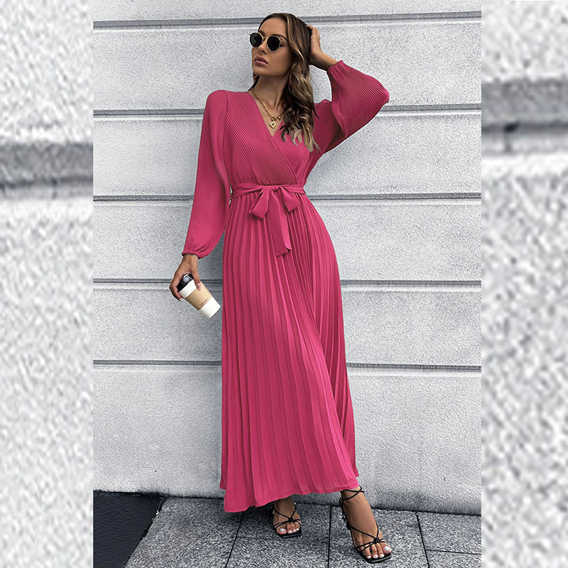 Women Fashion Casual Elegant Solid Color V-Neck Lace-Up Long-Sleeved Creased Mid-Length Dress