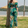 Women Fashion Vacation Leaf Printed Off-Shoulder Ruffles Holiday Defined Waist Fashion Casual Wide-Leg Jumpsuit