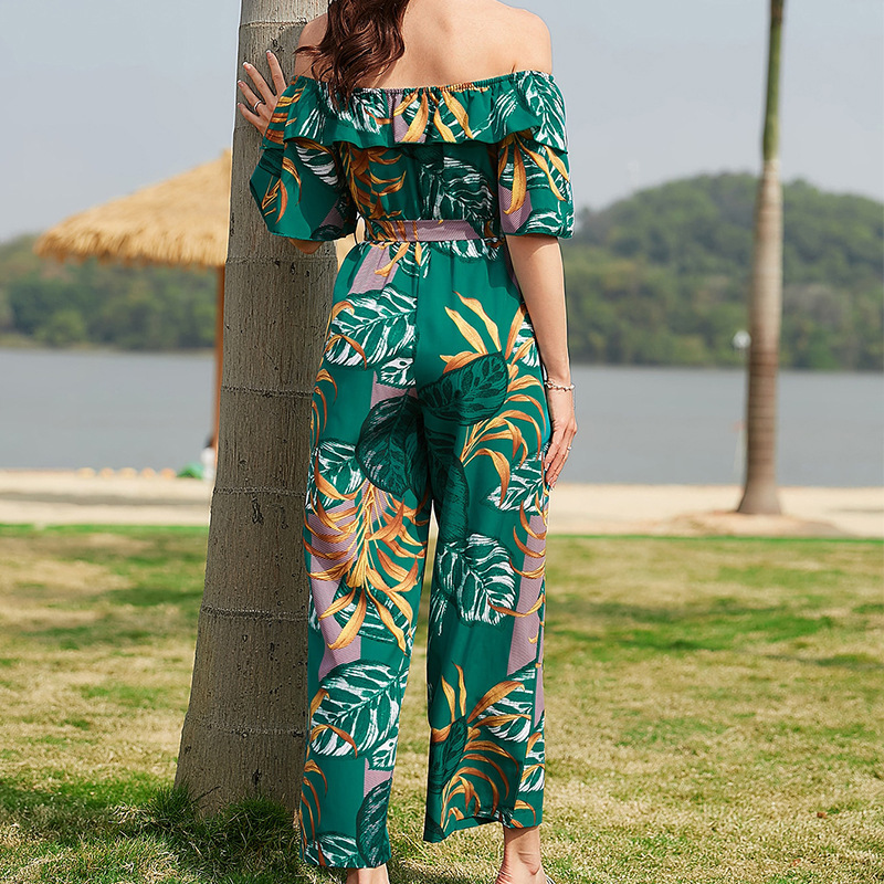 Women Fashion Vacation Leaf Printed Off-Shoulder Ruffles Holiday Defined Waist Fashion Casual Wide-Leg Jumpsuit