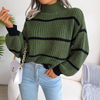 Women Fashion Casual Basic Stripe Lantern Sleeve Turtleneck Knitted Sweater