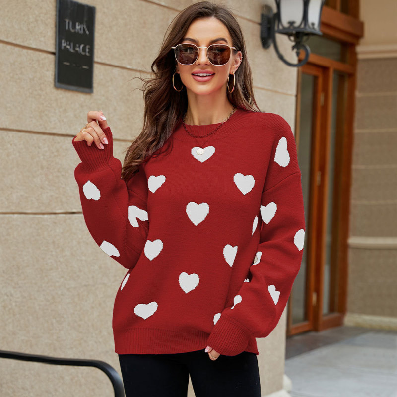 Winter Valentine'S Day Love Heart Print Pullover Women Knitted Sweater