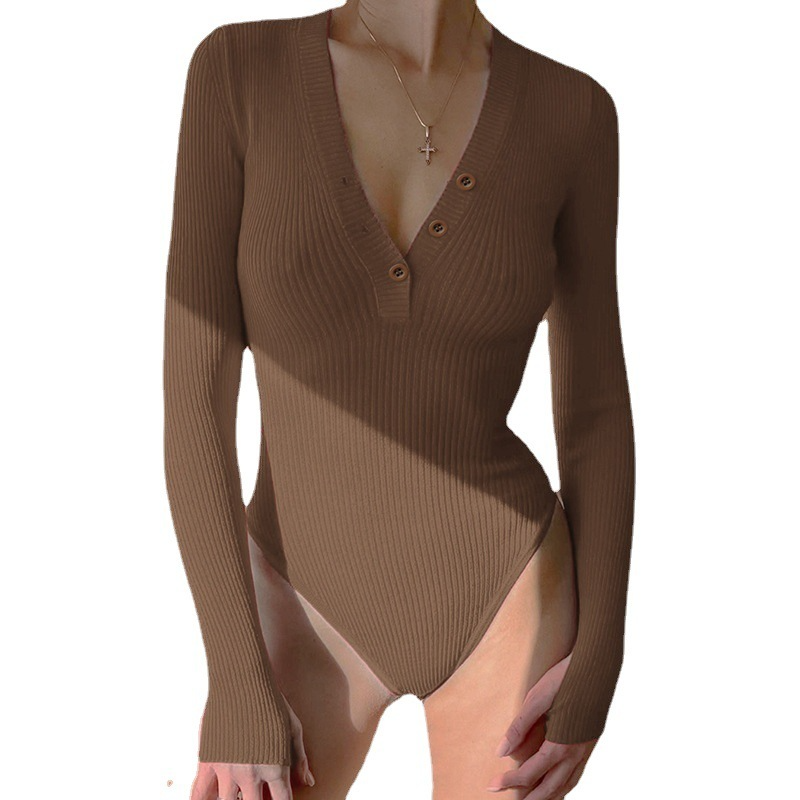 Women Autumn Winter V Neck Buttoned Solid Rib-Knit Basic Bodysuit