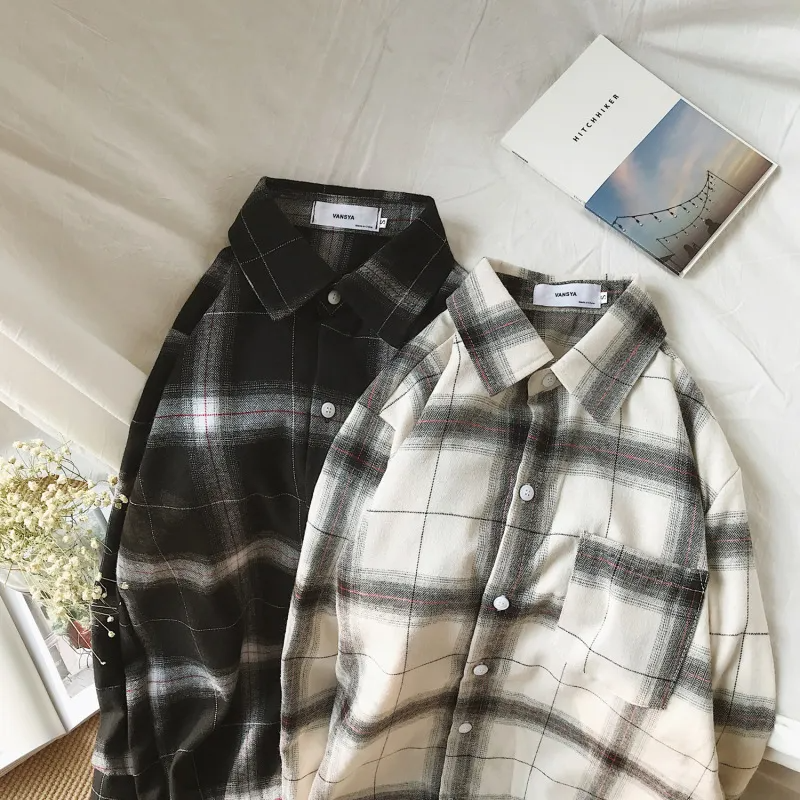 Men Fashion Black White Plaid Long Sleeve Loose Shirt