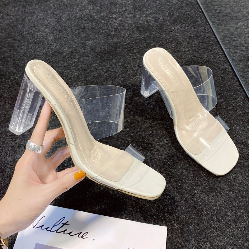 Women Fashion Sexy Plus Size Transparent Square Toe Chunky Heel Slippers