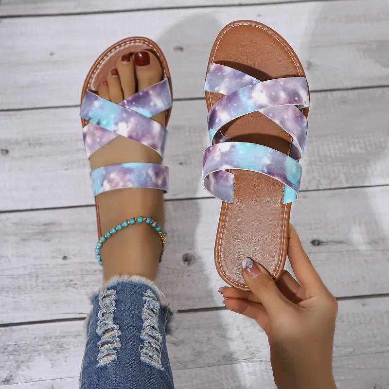 Women Fashion Casual Plus Size Graffiti Printed Cross Belt Round Toe Flat PU Slippers