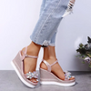 Women Fashion Simple Rhinestone Flower Wedge Heel Thick-Soled Sandals