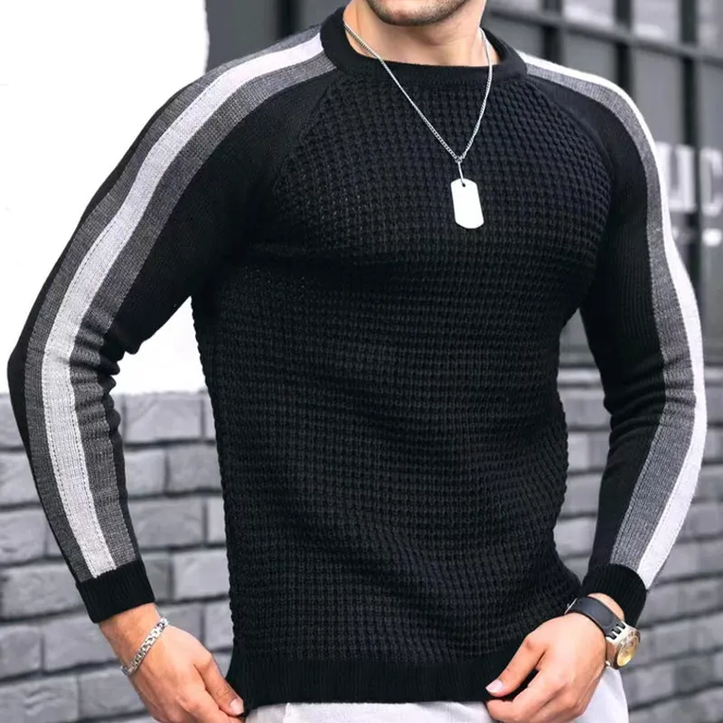 Men Autumn Winter Fashion Casual Simple Color Matching Round Neck Long Sleeve Knitted Shirt